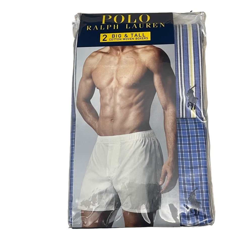 2 Big and Tall Cotton Woven Boxers Polo Ralph Lauren Blue Plaid New